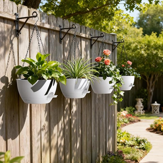 UOUZ 4 Pack 8 Inch Self Watering Hanging Planters for Indoor Outdoor Plants，Hanging Pots for Plants with Drainage Removable Tray, Hanging Baskets Flower Pots for Ivy Pothos Spider Garden Porch White