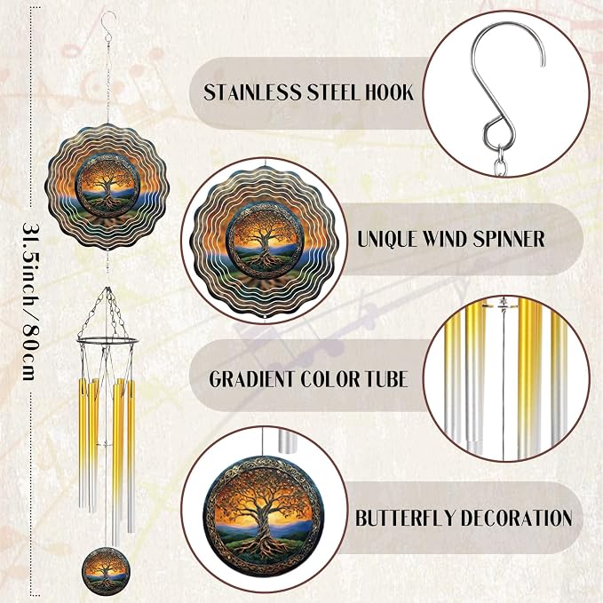 Tree of Life Wind Chimes - Metal Windchime with Spinners Outdoor | Garden Patio Yard Decor Indoor Balcony Home Hanging Christmas New Year Housewarming Birthday Gift for Women Mom Grandma Wife