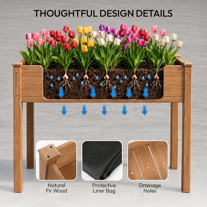 VINGLI 48"x24"x30" Elevated Raised Garden Bed with Bed Liner, Heavy Duty Wood Planter with Legs for Vegetables Fruits Potato Flower, Outdoor Sturdy Long Lasting Planter Box (Brown - no Wheel)
