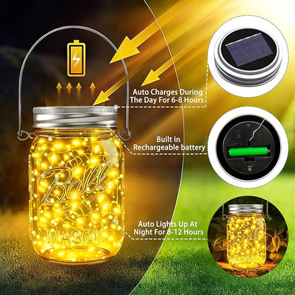 Mason Jar Solar Lights for Outside, 12 Pack 30 LED Fairy Firefly Lights Mason Jar Solar Lids Outdoor Waterproof String Lights with Hangers(NO JARS) for Patio Garden Yard Lawn Decor - Warm White