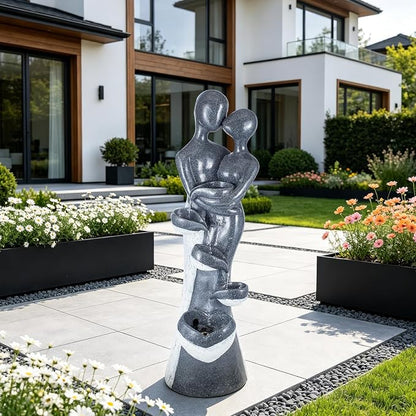 39.8" H Resin Water Fountain, Floor-Standing Waterfall Fountain with LED | Romantic Couple Embrace Garden Water Feature for Patio Backyard Deck Home Decor, Weather Resistant, Indoor & Outdoor Use