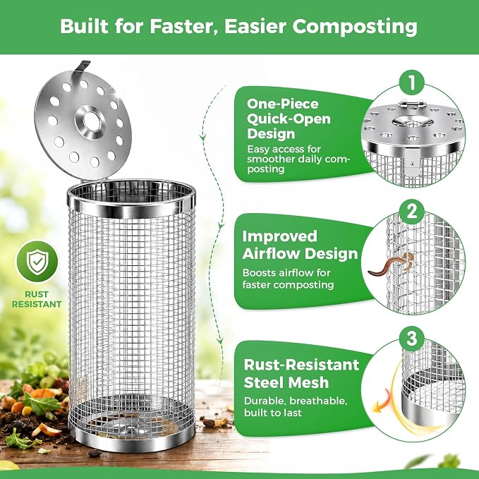 Worm Composter Worm Bin, Stainless Steel In Ground Compost Bin with Quick-Open Lid, Metal Worm Tower Composting System for Garden Beds, Underground Worm Farm, Outdoor Garden Vermicomposting Bin