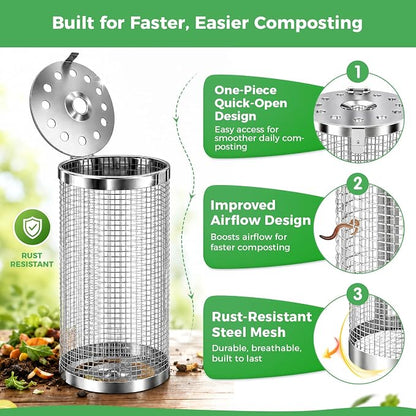 Worm Composter Worm Bin, Stainless Steel In Ground Compost Bin with Quick-Open Lid, Metal Worm Tower Composting System for Garden Beds, Underground Worm Farm, Outdoor Garden Vermicomposting Bin