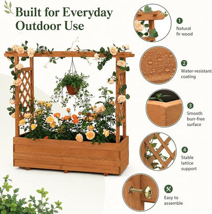 Raised Garden Bed with Arch Trellis & Hanging Roof for Climbing Plants