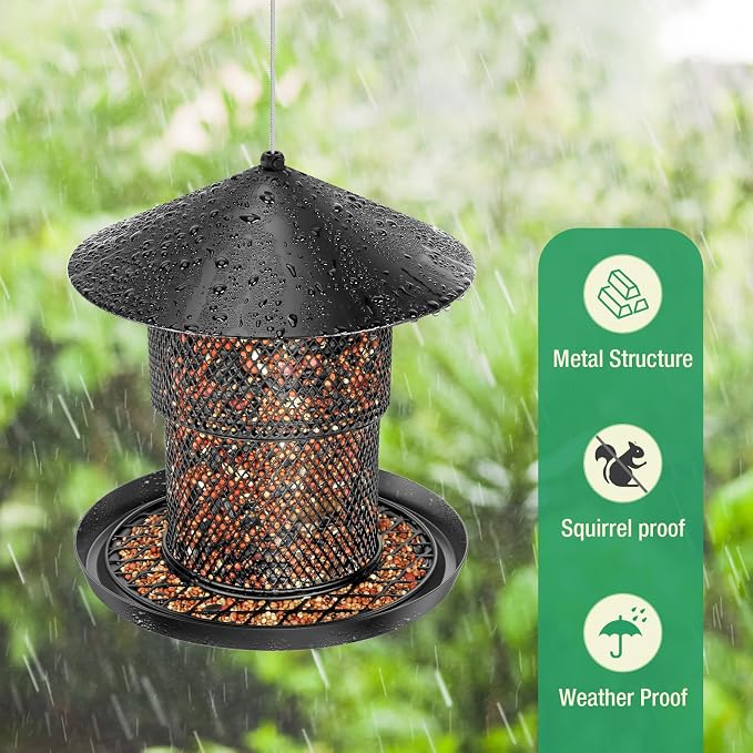 Bird Feeder for Outdoor Hanging, No Mess No Spill and Squirrel Proof Feeder | Squirrel Proof Bird Feeder with Catch Tray - Large Capacity All-Metal for Outside Hanging