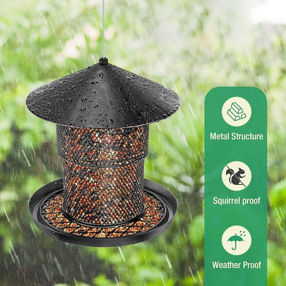 Bird Feeder for Outdoor Hanging, No Mess No Spill and Squirrel Proof Feeder | Squirrel Proof Bird Feeder with Catch Tray - Large Capacity All-Metal for Outside Hanging