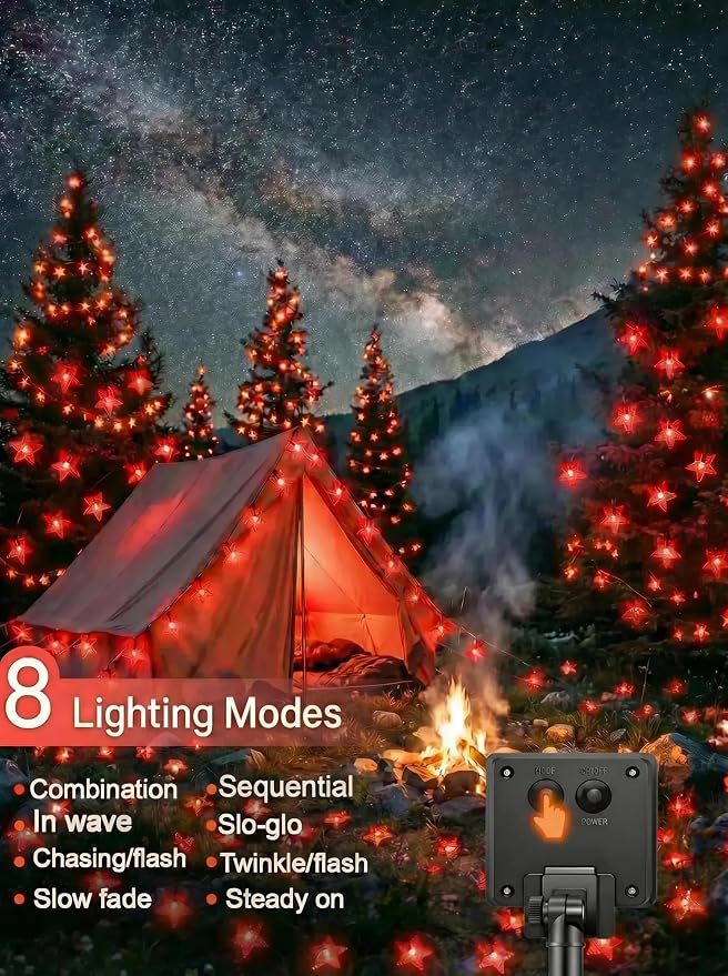 Solar Twinkle Star String Lights Outdoor Waterproof 39FT/100L Fairy Lights | 8 Modes Christmas Decor Camping Tree Party Yard Wedding Garden Red