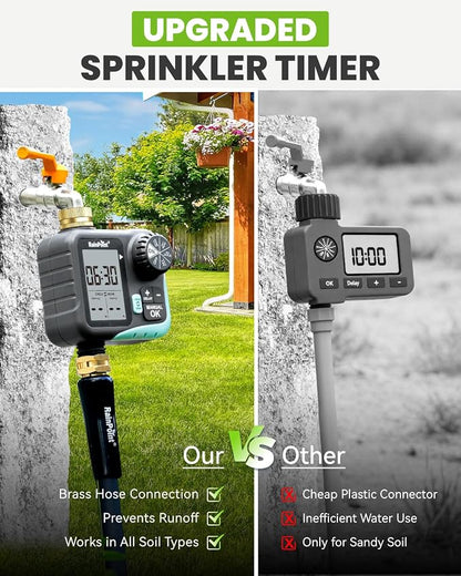 RAINPOINT Sprinkler Timer for Garden Hose - Hose Timer with Cycle & Soak/Rain Delay/Automatic Watering/Manual Watering, Programmable Irrigation System with Large Display for Lawn, Yard, Brass Inlet