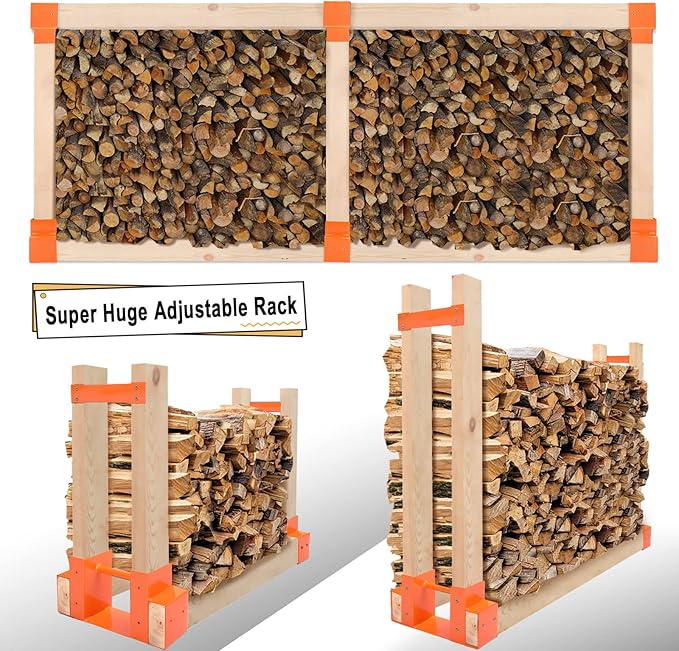 MOFEEZ Outdoor Firewood Log Storage Rack 2x4 Bracket Kit, Fireplace Wood Storage Holder, Adjustable to Any Length - Orange, Two Bases