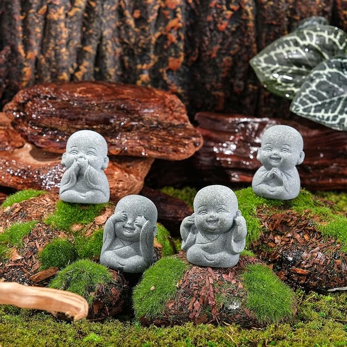 4pcs Mini Laughing Buddha Statues Monk Sandstone Sculptures Cute Baby Buddha Figurine Set Wealth Good Luck Decor Zen Spiritual Ornaments for Home Aquarium Office Garden - Style A