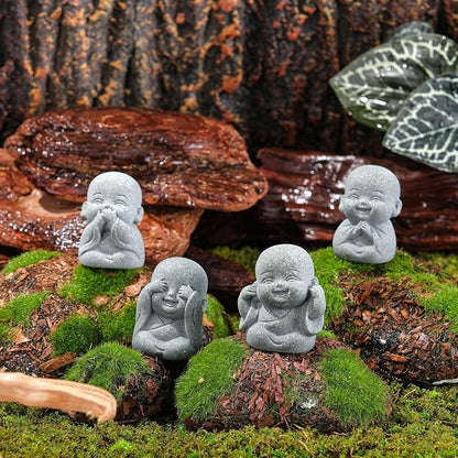 4pcs Mini Laughing Buddha Statues Monk Sandstone Sculptures Cute Baby Buddha Figurine Set Wealth Good Luck Decor Zen Spiritual Ornaments for Home Aquarium Office Garden - Style A
