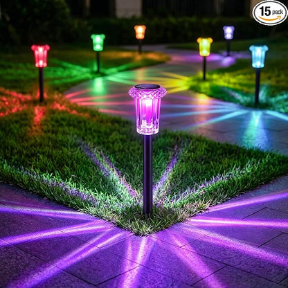 Eyrosa Solar Pathway Lights Outdoor Waterproof Starburst Pattern 15 Pack | Solar Outdoor Lights for Garden Yard Lawn Path Walkway Driveway Labdscape,Stake Lighting Outside Decor