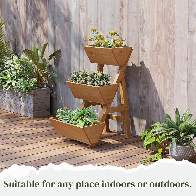 3-Tier Wooden Vertical Raised Garden Bed with Legs, Tiered Planter Box, Vertical Garden Planter,Wood Plant Stand Wood Flower Rack for Patio, Balcony, Freestanding (Brown-Small)