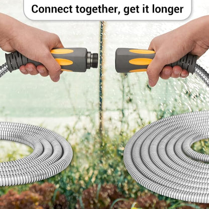 TheFitLife Flexible Metal Garden Hose - 50 FT Lightweight Stainless Steel Water Hose with Solid Fittings and Sprayer Nozzle - Leak Proof, Kink Free, Anti-rust, Large Diameter, Durable and Easy Storage