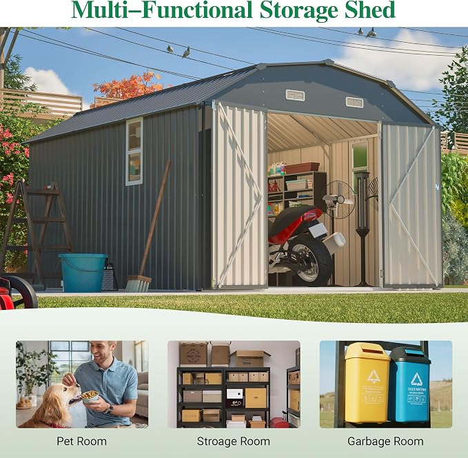 YOPTO 10×12 FT Outdoor Storage Shed,Heavy-Duty Metal Shed with Floor Base,All Weather Waterproof Tool Shed W/Diamond Roof & Windows,Lockable Double Door & 4 Air Vents,for Backyard,Patio,Lawn,Gray