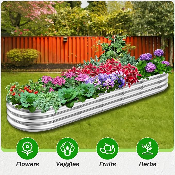 RAYKEEP Galvanized Raised Garden Beds, 8x2x1ft Outdoor Raised Garden Boxes, Oval Large Bottomless Metal Elevated Garden Bed Planter Box for Vegetables, Fruits, Flower