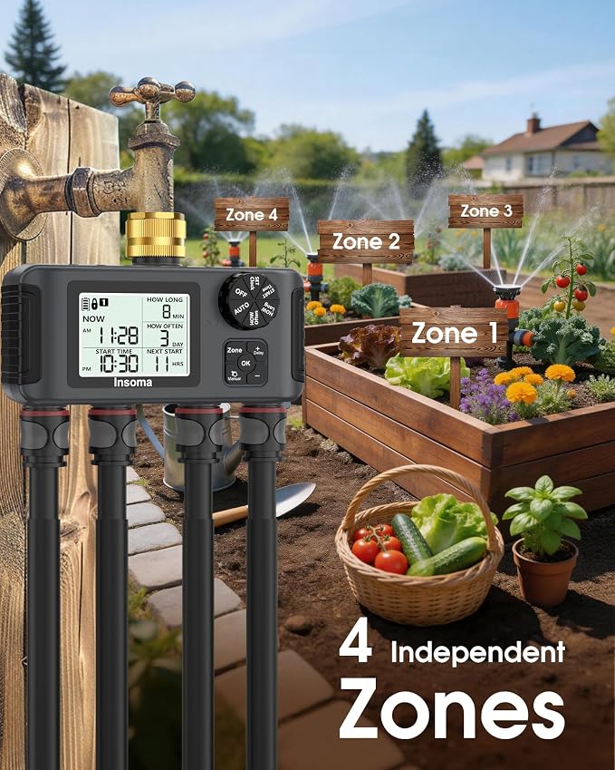 Insoma 4 Zones Sprinkler Timer with Brass Inlet & Outlet, Water Timer for Garden Hose with Auto/Manual/Rain Delay Mode, Hose Timers for Irrigation Watering System for Yard, Lawn, Plant Watering