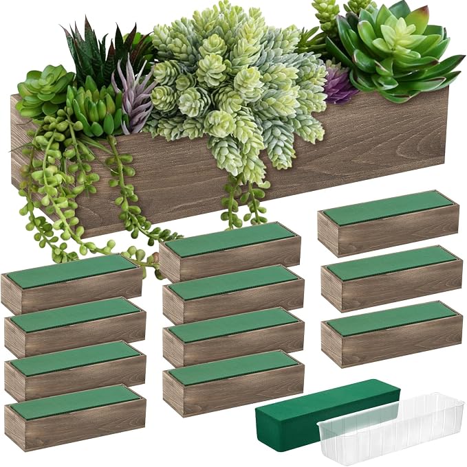 Dandat 12 Set Wood Boxes for Centerpieces 12x4 Inch Rectangle Wooden Planter Box Rustic Wooden Planters with Removable Plastic Liner Floral Foam Blocks for Christmas Wedding Home Garden Decor(Brown)