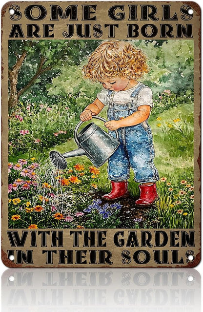 PEACHGARDEN Garden Vintage Tin Sign Little Girl Gardening Some Girls are Just Born with The Garden in Their SoulsMetal Tin Sign Retro Plaque Kitchen Poster Man cave 12x16inch