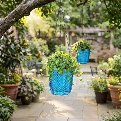QCQHDU 5.7 Inch 2 Pack Small Hanging Planters for Indoor Outdoor Plants,Self Watering Flower Pots Hanging Basket Plant Hanger with Drainage Holes and 3 Hooks for Window Porch Garden Balcony, (Blue)