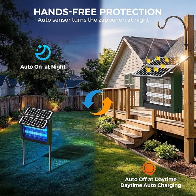 Upgraded Solar Bug Zapper Outdoor with Dual Panels, 4500V Cordless Rechargeable Fly Insect Killer Waterproof Electric Mosquitoes Zapper for Patio Garden Backyard RV Camping Pond
