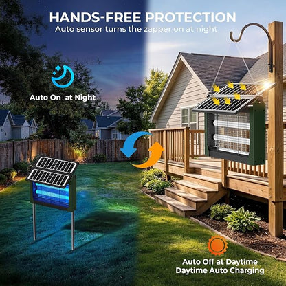 Upgraded Solar Bug Zapper Outdoor with Dual Panels, 4500V Cordless Rechargeable Fly Insect Killer Waterproof Electric Mosquitoes Zapper for Patio Garden Backyard RV Camping Pond