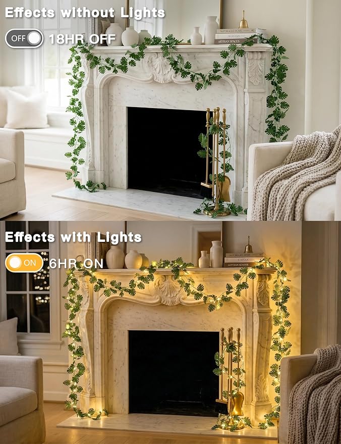 suddus Vines with Fairy Lights Battery & USB Powered Operated, 33ft 100 LED Monstera Leaves String Lights with Remote, Artificial Plants for Indoor, Bedroom, Wall, Party Tropical Decor(Warm White)