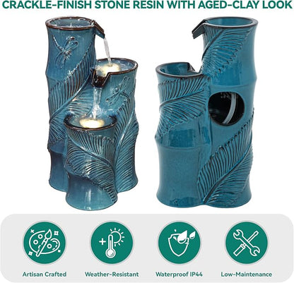 25.5" H Ceramic Outdoor Water Fountain with LED Lights, 3-Tier Cascading Bamboo-Style Water Feature, Teal Blue, Embossed Leaf & Dragonfly Patterns, Tranquil Waterfall for Garden, Patio & Yard