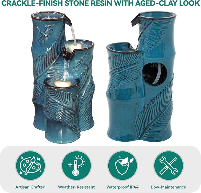 Autodaya Ceramic Outdoor Water Fountain with Lights, Turquoise Bamboo-Style | 3-Tier Cascading Waterfall, Natural Water Feature with Tropical Leaf, Dragonfly Texture, Soothing Oasis for Garden Patio Yard