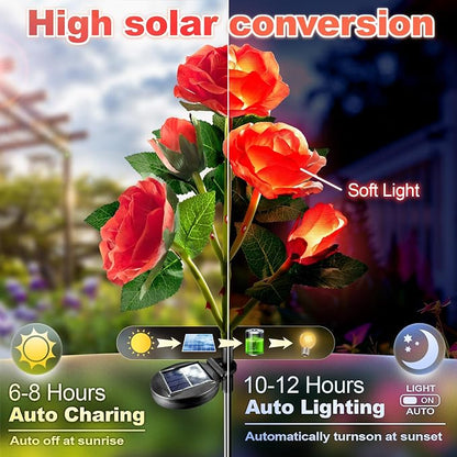 Anordsem Solar Garden Lights Outdoor: 10 Waterproof Fabric Roses 2 Pack - Red LED Flower Decorations for Yard Patio Path Cemetery Grave - Mother 's Day Gift for Her Women Mom Wife