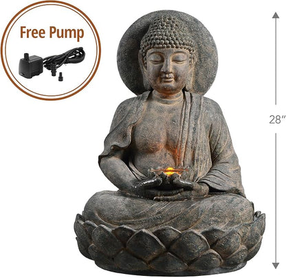 Teamson Home Buddha Zen Statue Water Fountain, Stone Gray | LED Light, Pump Included, Outdoor Patio Garden Backyard Decking, 28 Inch Height