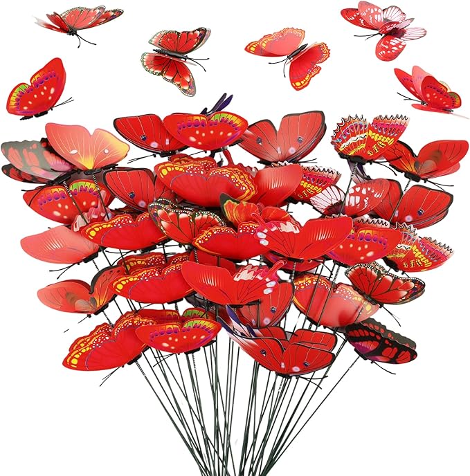 30PCS Red Butterfly Decor Artificial Butterflies for Outdoor Garden Decor | 3D Waterproof Double Layer Butterfly Decorative Garden Stakes for Flower Arrangements Outdoor Indoor Spring Decor