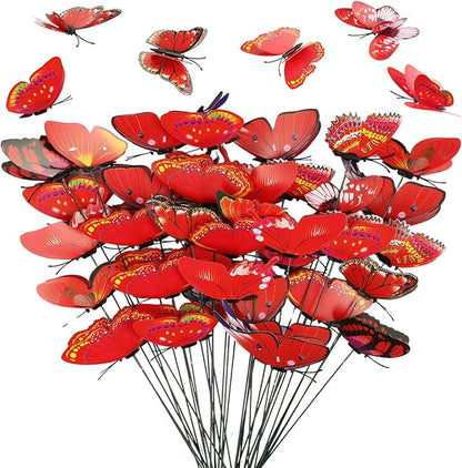 30PCS Red Butterfly Decor Artificial Butterflies for Outdoor Garden Decor | 3D Waterproof Double Layer Butterfly Decorative Garden Stakes for Flower Arrangements Outdoor Indoor Spring Decor