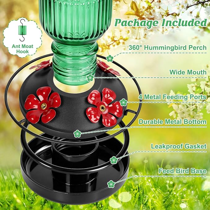 FEED GARDEN Glass Hummingbird Feeder 2 Pack, 16oz Leak-Proof with Ant Moat & Bee Guards, Easy Clean Wide Mouth, Metal Perches, Green Outdoor Hanging