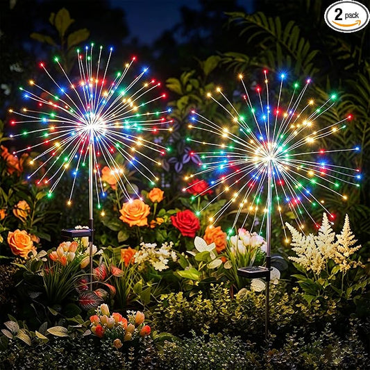 Multicolor Solar Lights Outdoor, 2 Pack 180LED Solar Garden Lights for outside, 8 Modes Firework Fairy light for Yard Pathway 4th of July Carnival Juneteenth Christmas Decor, Red/Yellow/Blue/Green