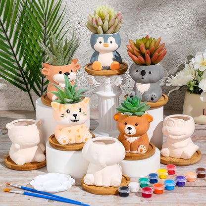 Hushee 12 Sets Ceramic Succulent Planters Paintable Succulent Plant Pots Small DIY Figurines Unpainted Pots with Drainage Hole Color Paints Paintbrushes Palettes