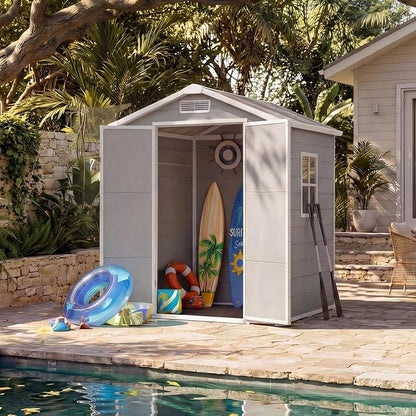 6x4 ft Outdoor Resin Storage Shed with Floor, Lockable Door & Window, Sloping Roof, Plastic Outdoor Sheds with Floor Garden Shed for Backyard Patio Lawn Mower Bike Tool Storage