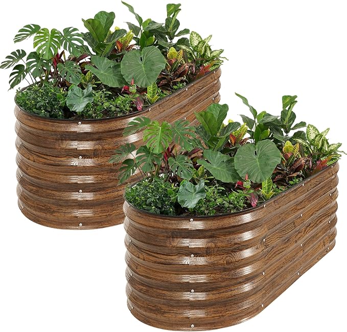 Galvanized Raised Garden Bed Outdoor- 2PCS 4x2x1.4ft Oval Steel Raised Beds for Gardening, Metal Planter Box with Protective Strip and Gloves for Vegetables, Flowers, Fruits(Brown)