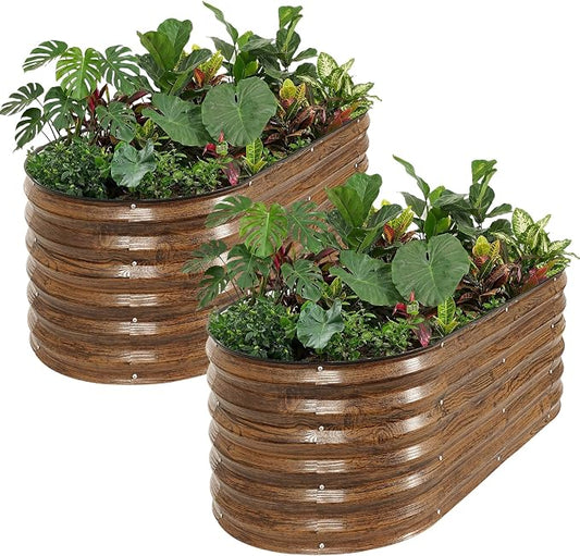 Galvanized Raised Garden Bed Outdoor- 2PCS 4x2x1.4ft Oval Steel Raised Beds for Gardening, Metal Planter Box with Protective Strip and Gloves for Vegetables, Flowers, Fruits(Brown)