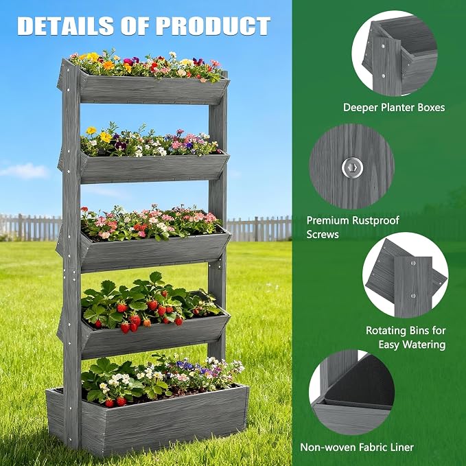 Wooden Vertical Raised Garden Bed, 5 Tier Garden Planters Raised Beds Freestanding Plant Stand Flower Rack Wooden Planter Box for Plants Herbs Flowers Vegetables Outdoor Indoor Gardening