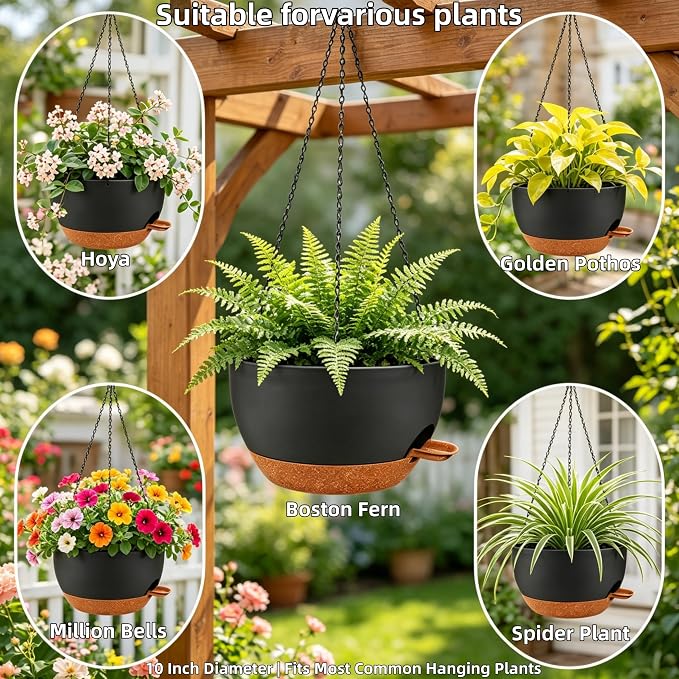 2 Pack 10 Inch Self Watering Hanging Planters for Indoor Plants, Large Black Brown Plastic Hanging Pots with Chains for Outdoor Patio Garden Home Decor (Black Brown)