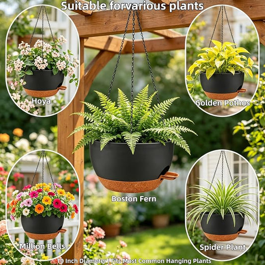 2 Pack 10 Inch Self Watering Hanging Planters for Indoor Plants, Large Black Brown Plastic Hanging Pots with Chains for Outdoor Patio Garden Home Decor (Black Brown)