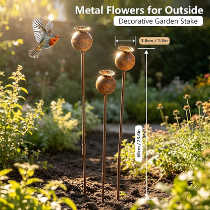 3 PCS Metal Flowers for Outside,23 Inch Large Garden Stakes Decorative,Flower Bed Decor Plant Stakes, Garden Statues Outdoor Clearance, Metal Yard Art Outdoor, Plant Decorations for Pots