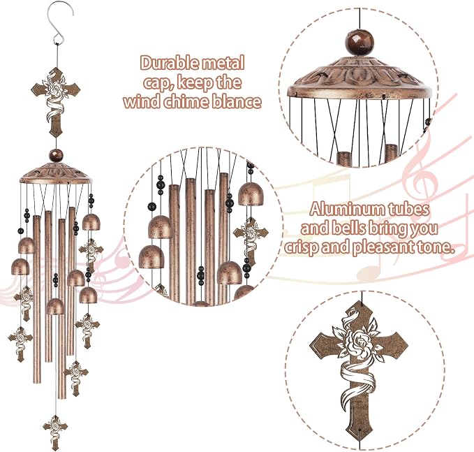Memorial Wind Chimes for Outside, Cross Windchimes with Rose Design, Sympathy Gifts for Loss of Loved One Bereavement Garden Decor