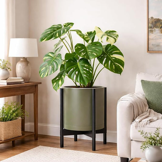 D'vine Dev Plastic Pot with Ebony Wood Stand, Olive, 14 in, 55-C-T-3 | Mid-Century Inspired Design, Elevated Plant Display, Clean Lines, Sturdy Support, Modern Space-Saving Style