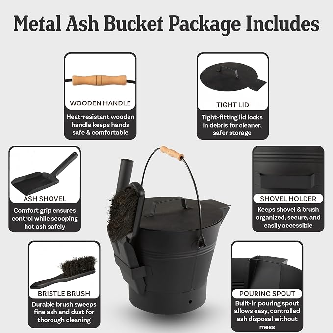Pure Garden Ash Bucket - Metal Bucket with Lid (2.11-Gallon), Broom, and Shovel for Fireplace or Firepit Ashes - Fireplace Tools (Black) - 1 Count