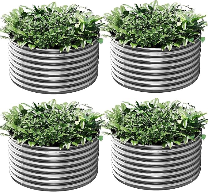 4 Pack Round Galvanized Raised Garden Bed Outdoor, Metal Garden Bed for Vegetables, Above Ground Garden Box for Flower, Steel Raised Beds for Gardening - 2FT