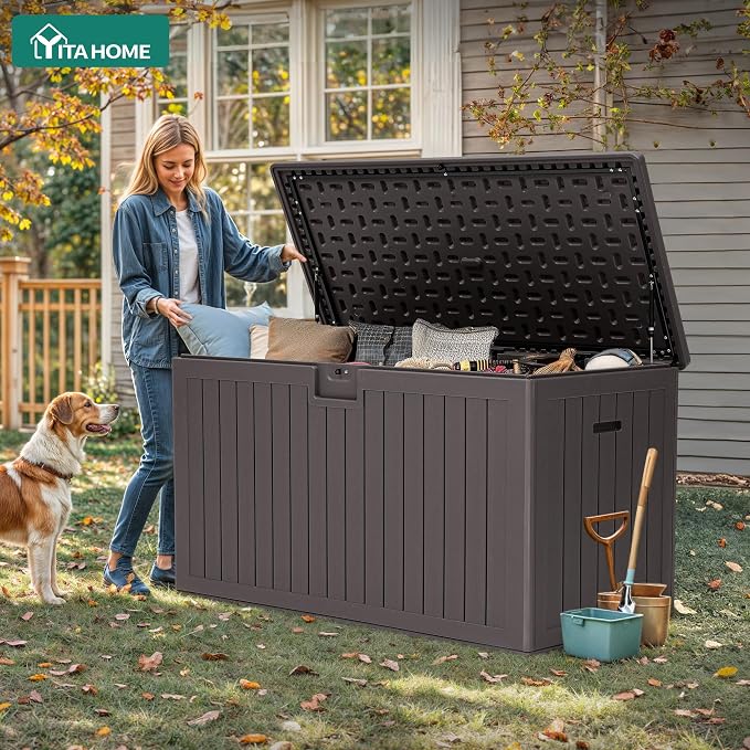 YITAHOME 220 Gallon Double-Wall Deck Box with Divider & Side Handles | Outdoor Large Storage for Patio Furniture Cushions, Garden Pool Accessories, Water Resistant & Lockable