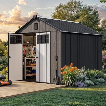 YITAHOME 8x10 FT Outdoor Storage Shed with Floor, Extra Thick Plastic Garden Shed for Bikes, Tools and Pool Supplies, Resin Storage Shed with Door Window Insert, Vents for Patio Backyard, Black