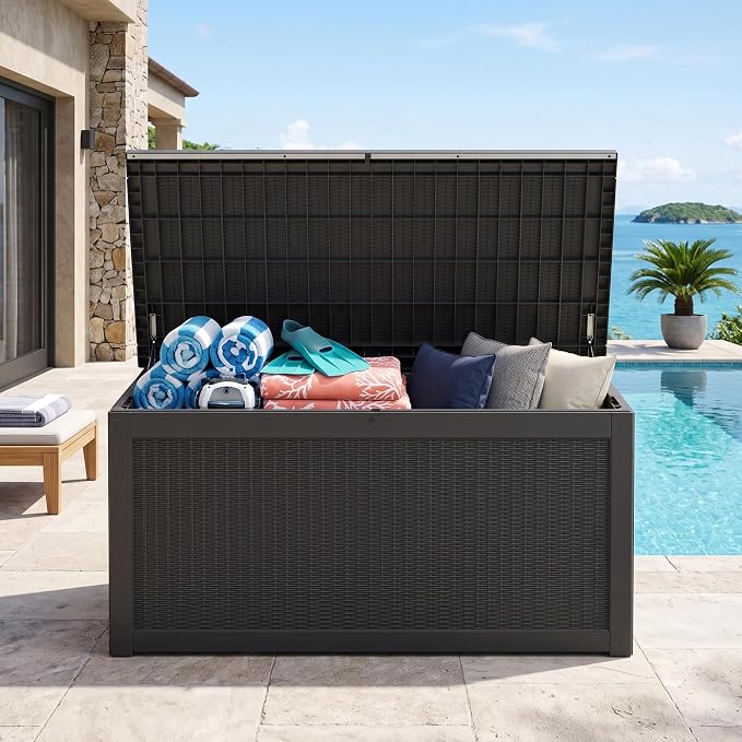 Outdoor Storage Box, 320 Gallon Waterproof Deck Box [Upgraded 3.1], Giant Resin Storage for King Cushions, Lockable Bench Chest, Estate Yard Garden BBQ Gathering, Black